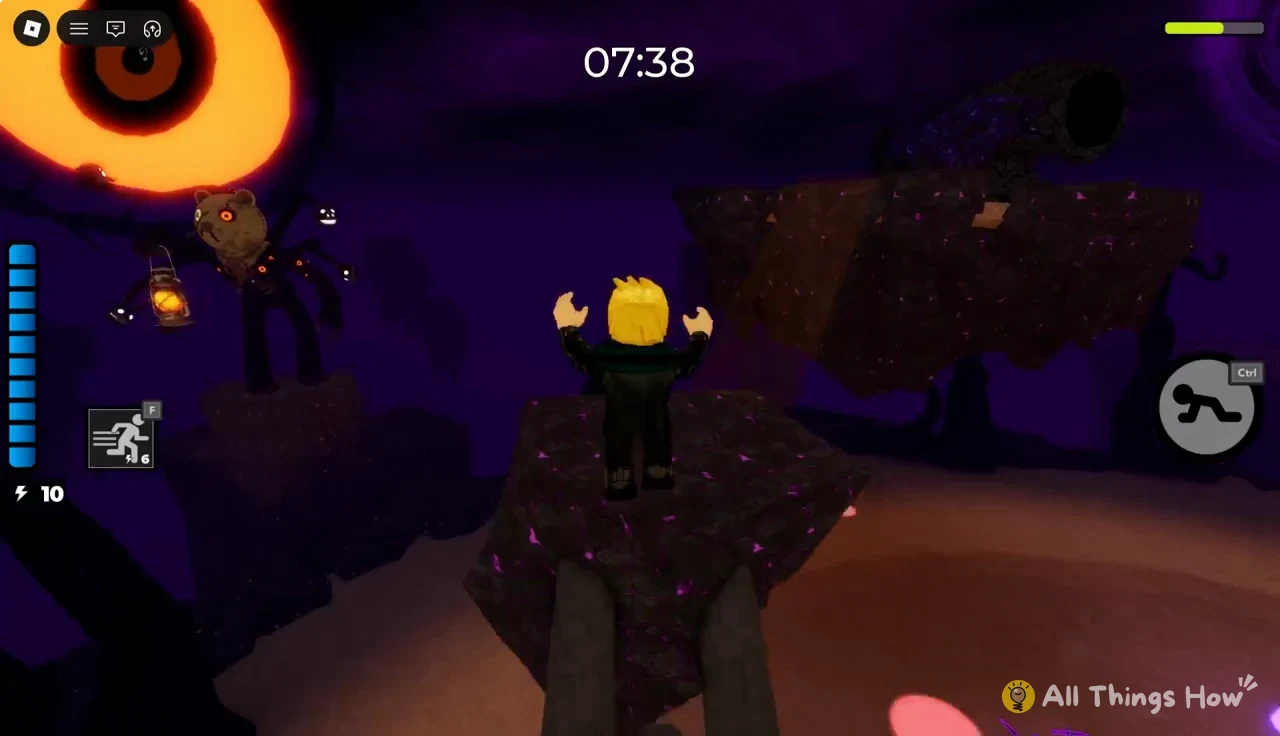 Avatar jumping between floating rocks with the countdown timer visible