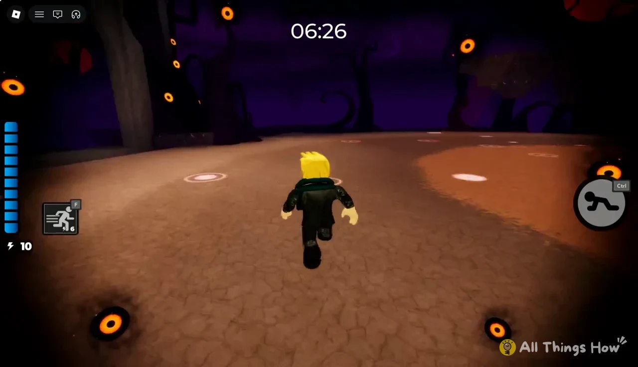 Avatar sprinting across the arena at 06:26 as shadow entities spread out