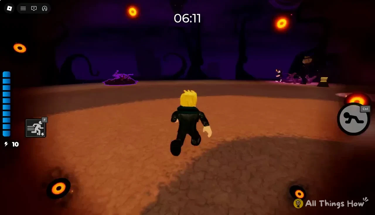 Character running forward in the arena with F sprint and Ctrl crawl controls visible
