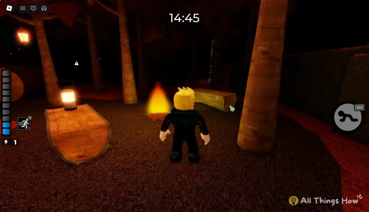Roblox avatar standing beside a campfire and wooden bench at the Piggy Forest campsite