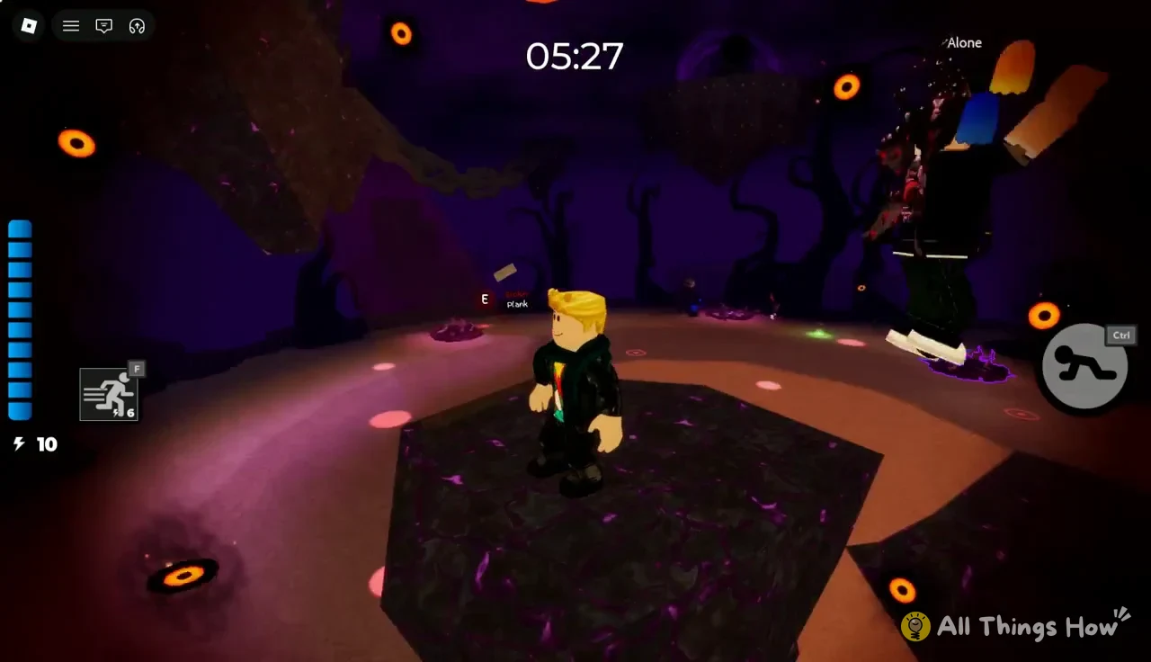 E interaction prompt shown beside a plank on the arena floor