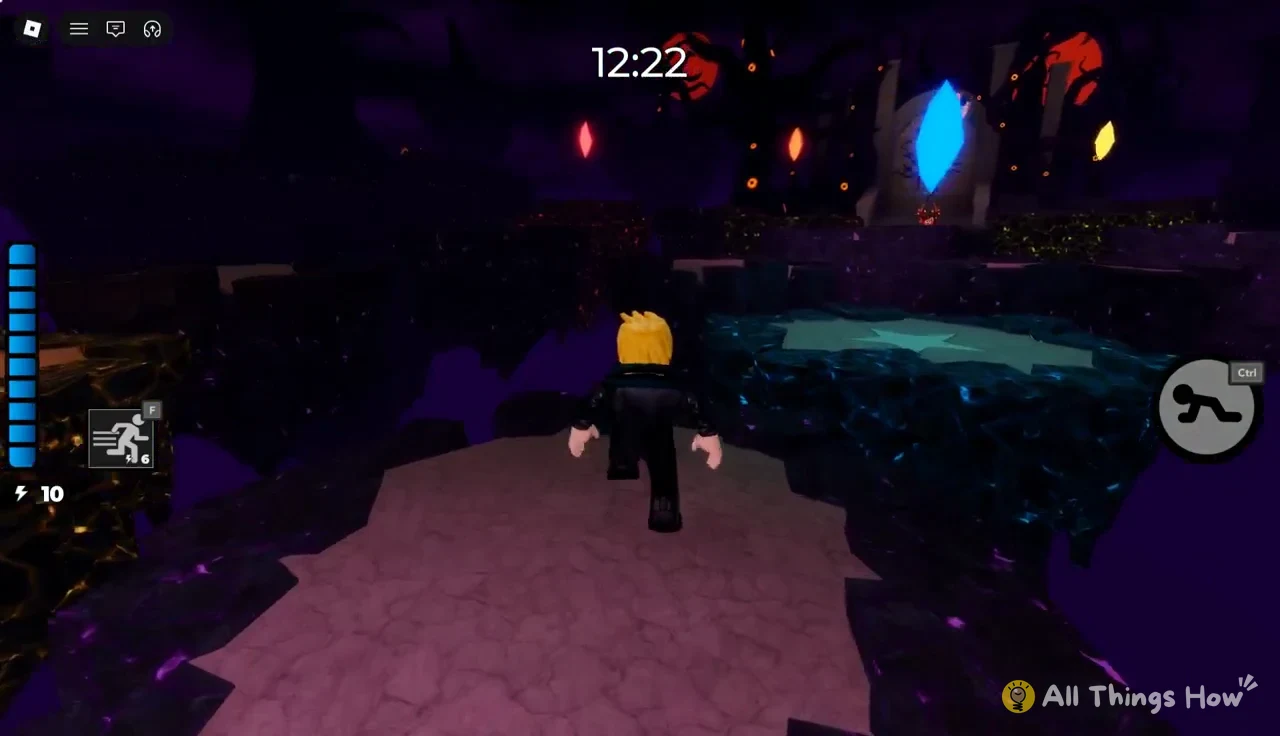 Avatar sprinting across a floating platform toward a glowing blue crystal