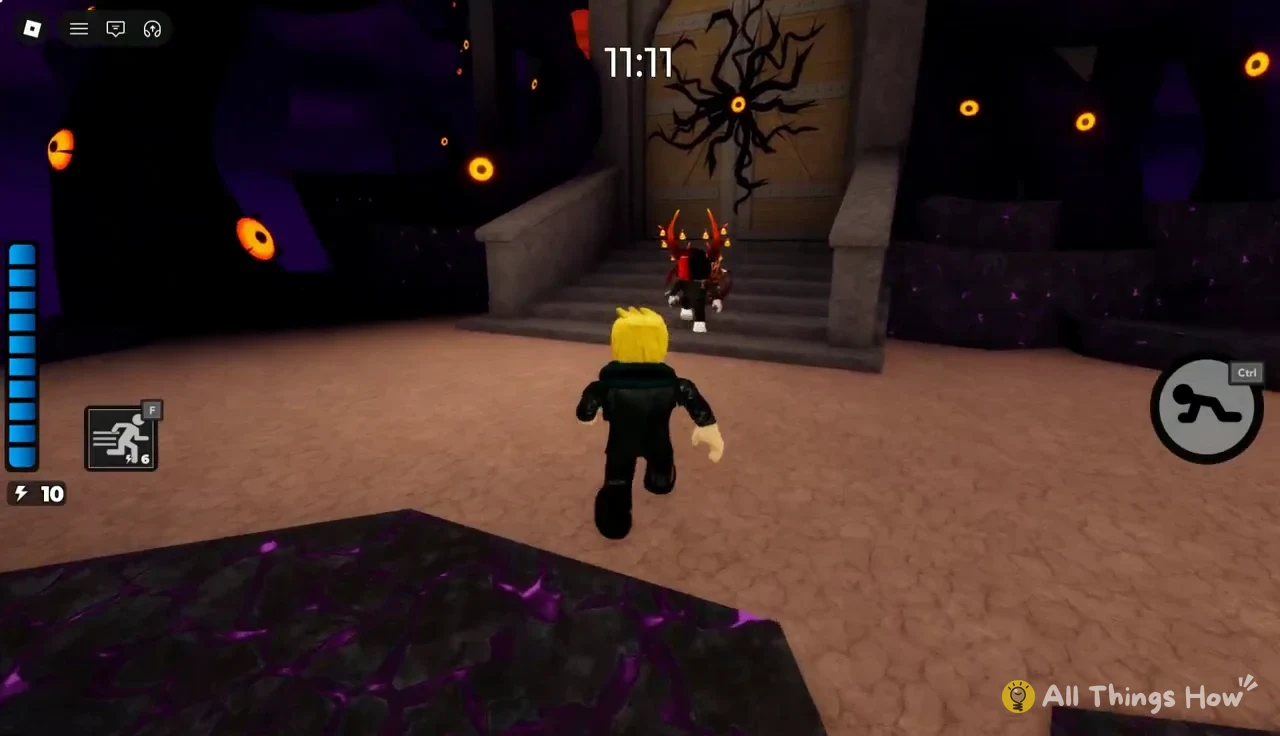 Avatar sprinting up stone stairs toward the cracked, tentacle-covered gate
