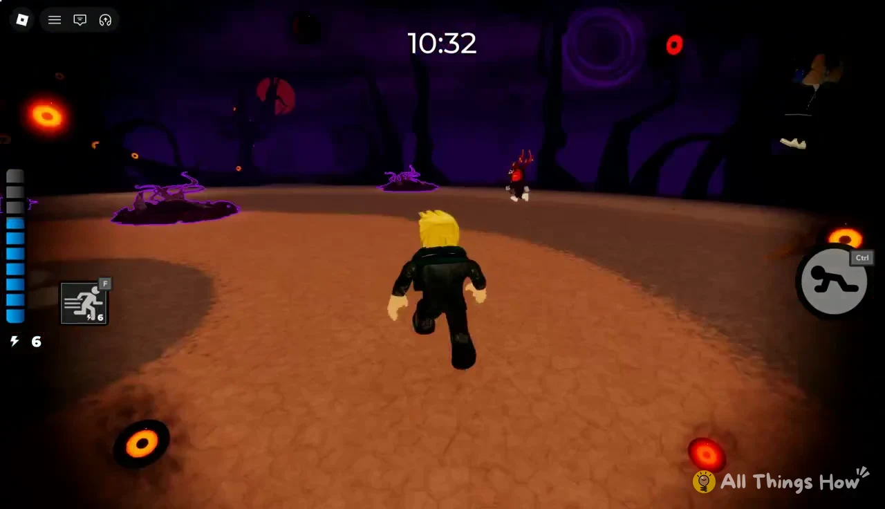 Avatar sprinting through the arena with the F sprint ability showing six charges