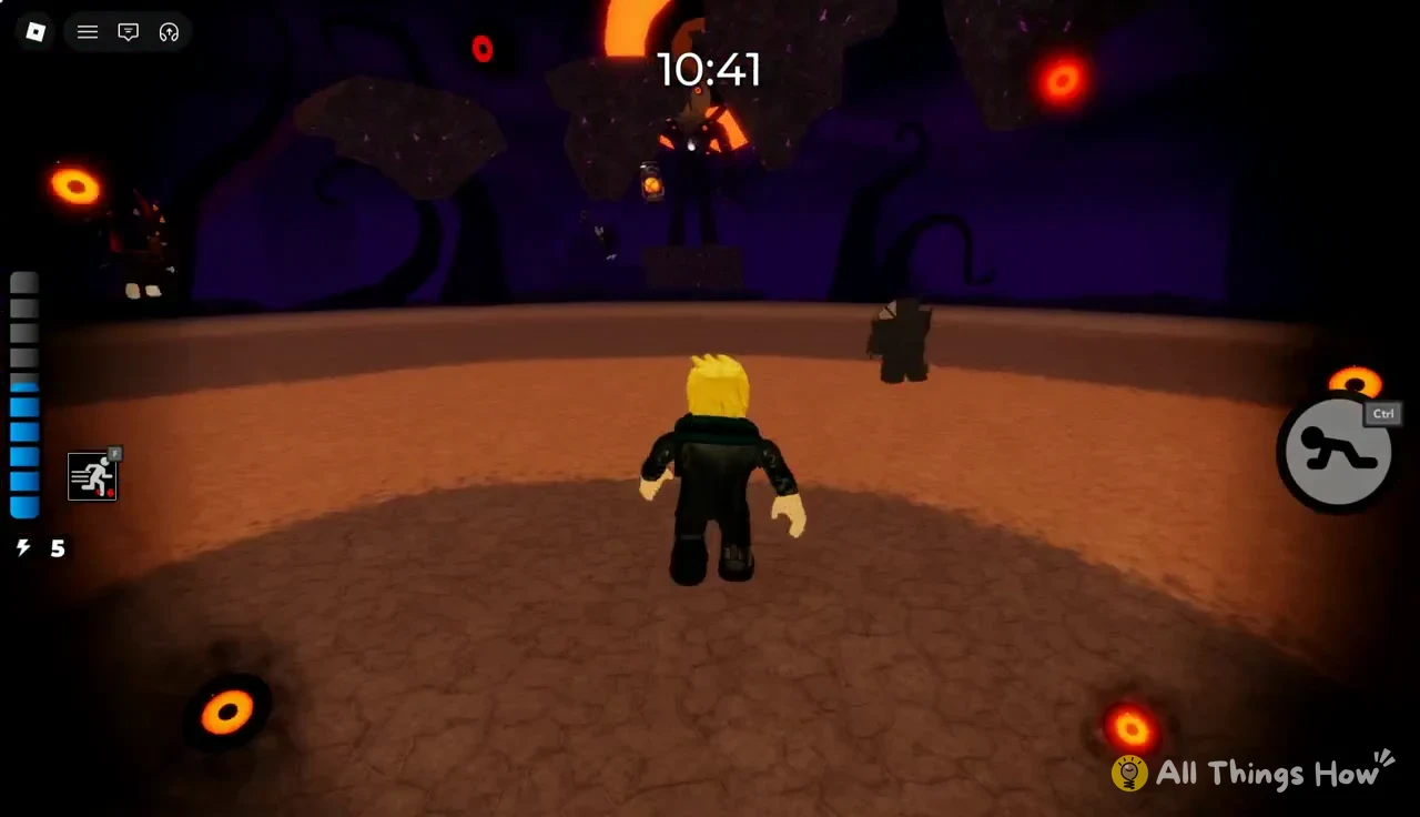 Avatar moving toward a dark enemy on the arena floor with the Ctrl crawl control shown