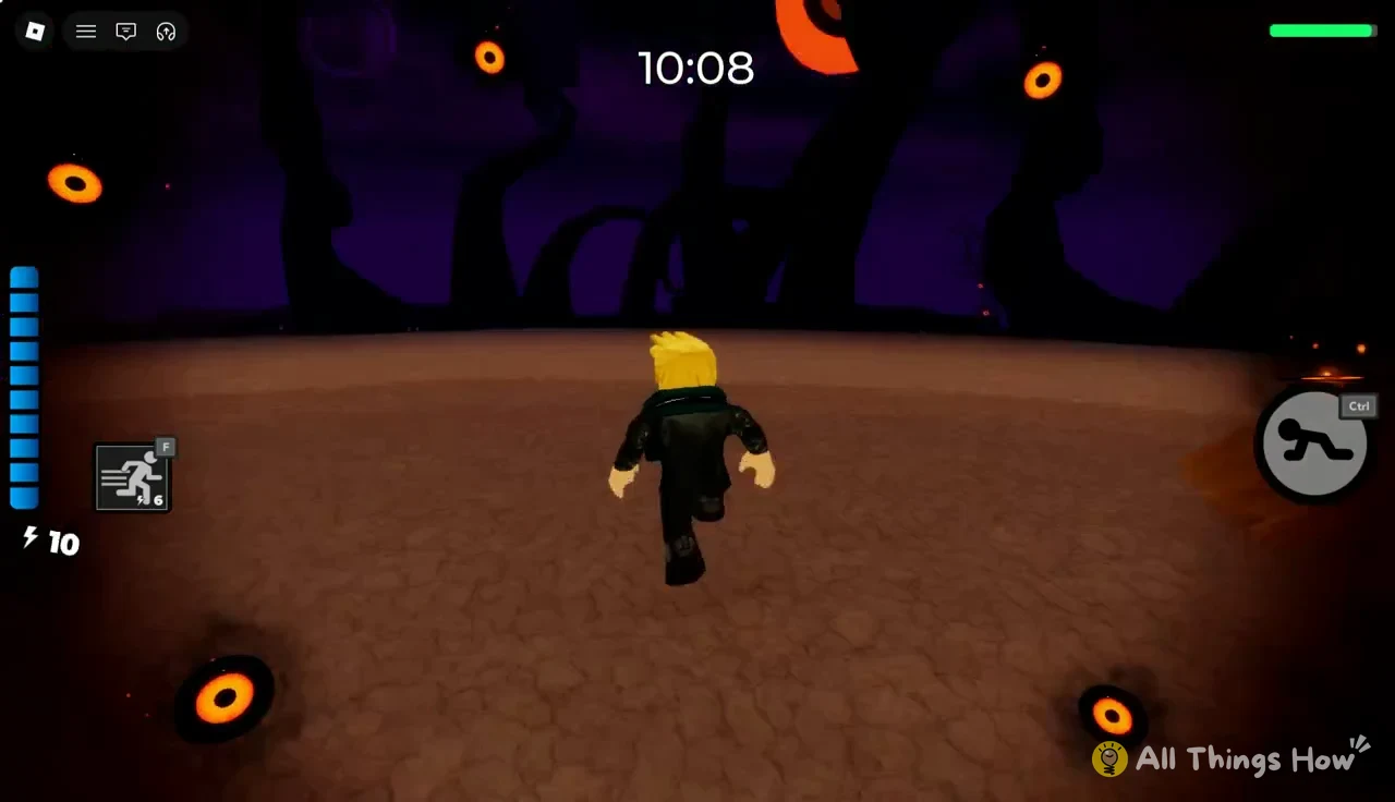 Avatar running across the dirt arena with the F sprint and Ctrl crouch controls on screen