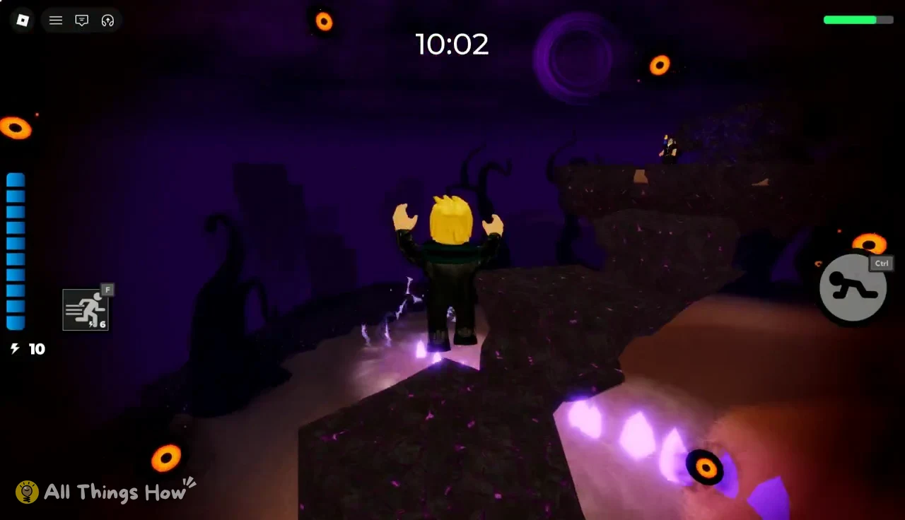 Avatar jumping toward a raised rocky platform in the dark arena