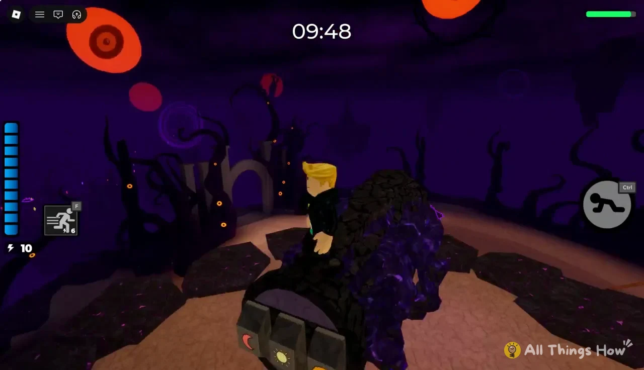 Avatar moving through a purple-lit rocky area with the Ctrl crawl prompt displayed