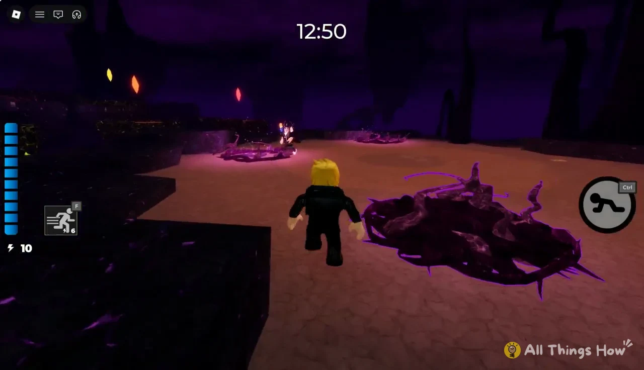 Avatar running toward a purple-outlined creature lying on a void platform