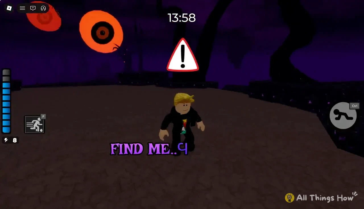 Avatar under a warning icon in the purple void as the FIND ME objective text shows