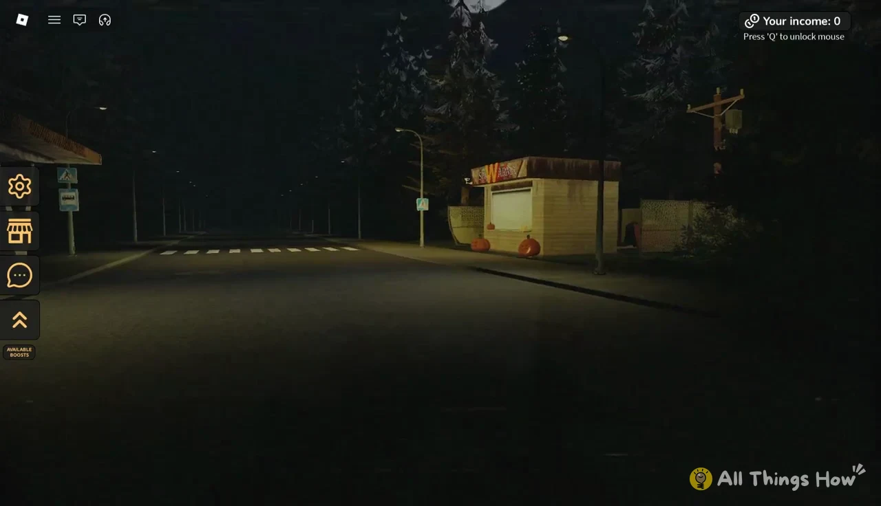 Roadside shawarma kiosk at night seen from the street, income still at 0