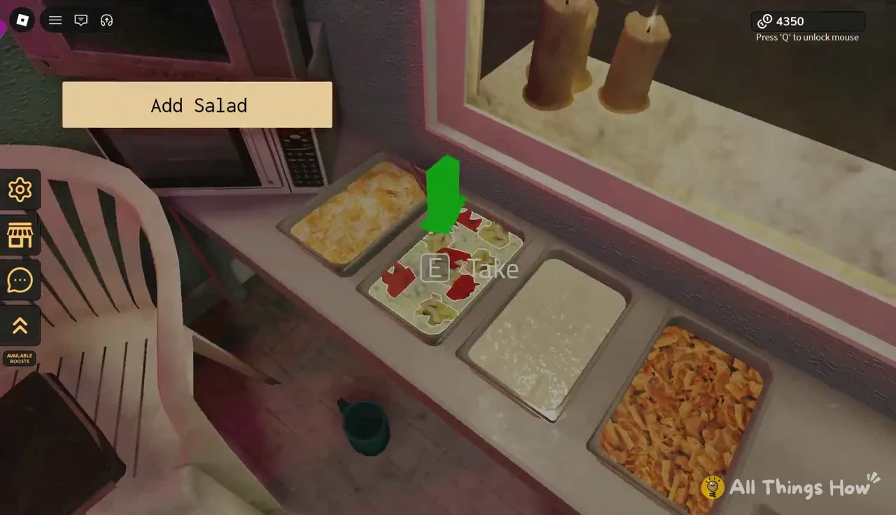 Salad station with the Add Salad task active and an E Take prompt on the salad tray