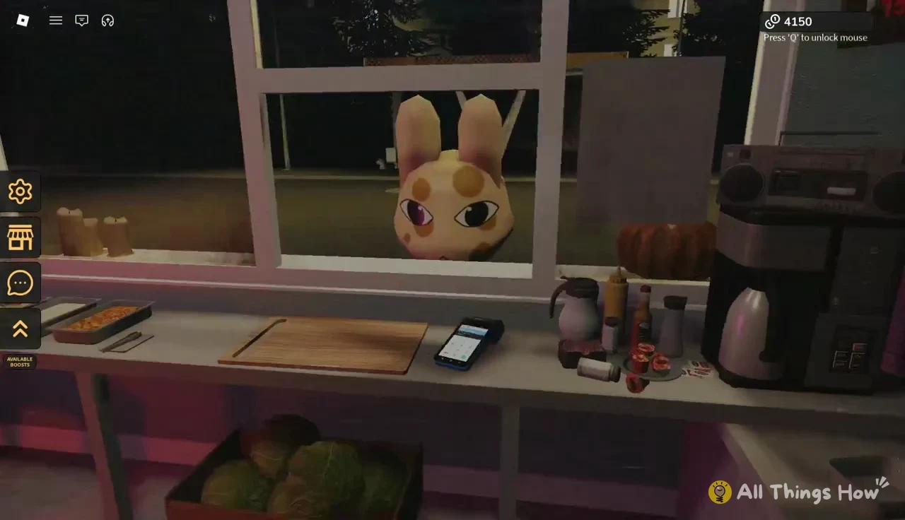 Rabbit creature peering through the kiosk window past the prep counter and cutting board