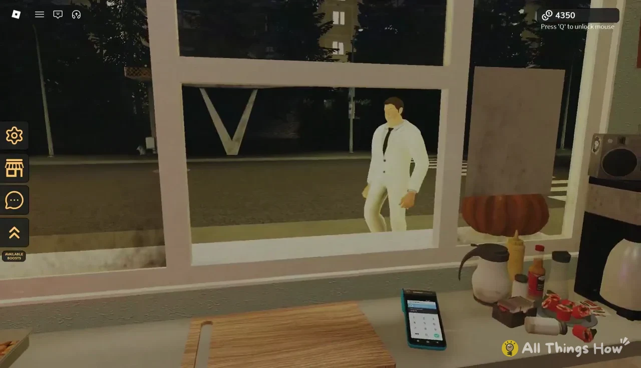 Phone keypad open on the counter as a customer in a white suit walks up to the window