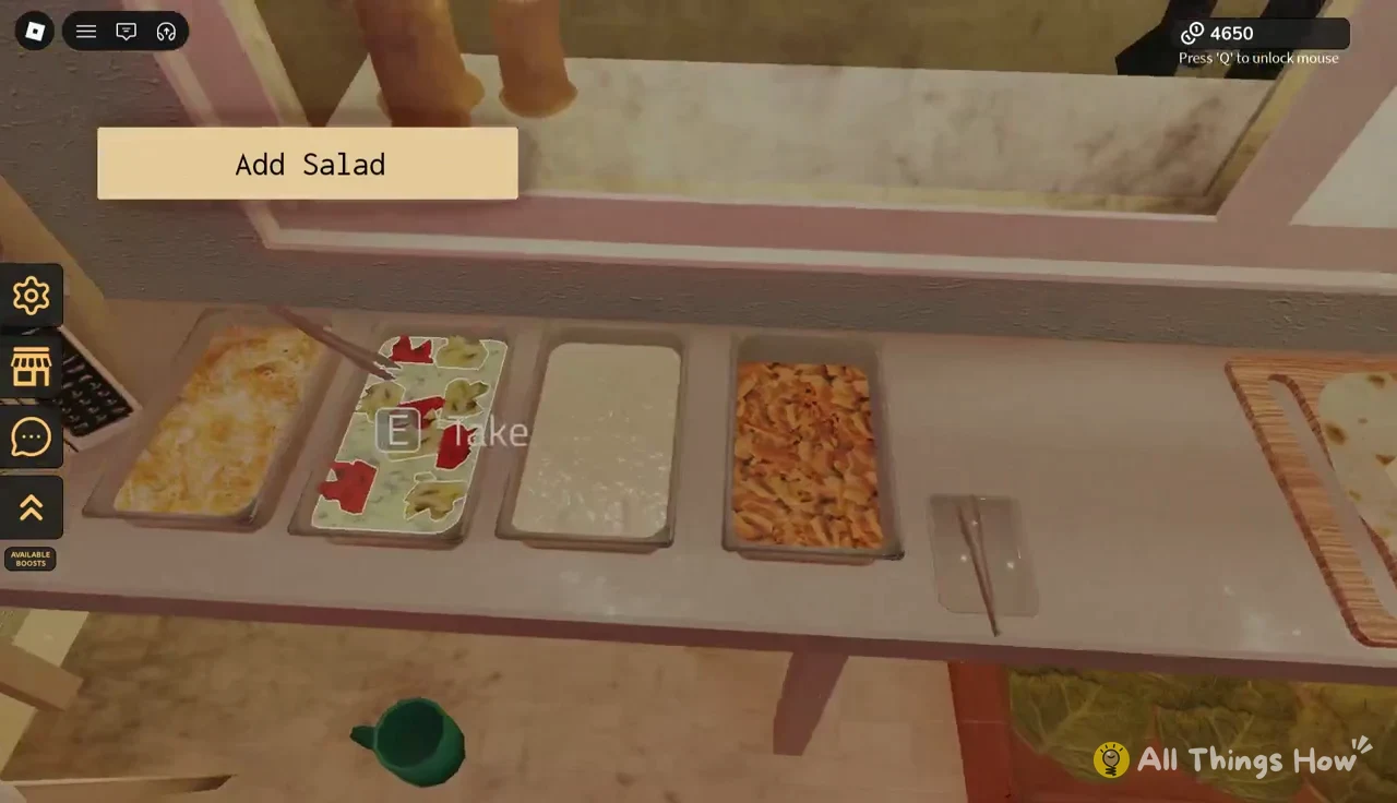 Add Salad prompt active with the E Take interaction aimed at the salad tray