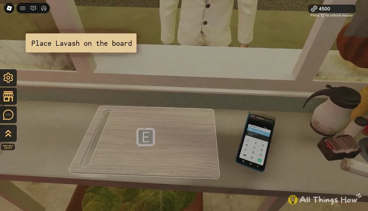 Cutting board highlighted with an E prompt under the Place Lavash on the board task