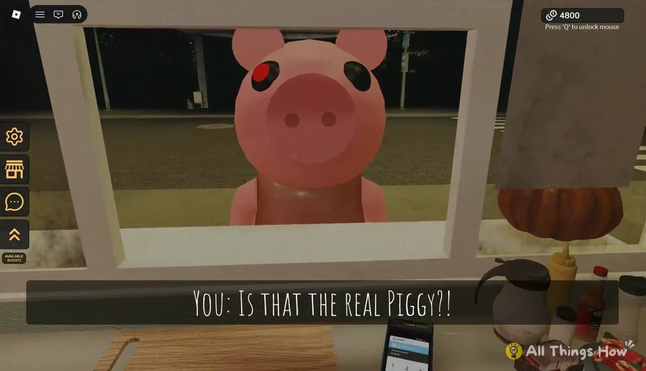 Dialogue line asking Is that the real Piggy as the pig character stands at the window
