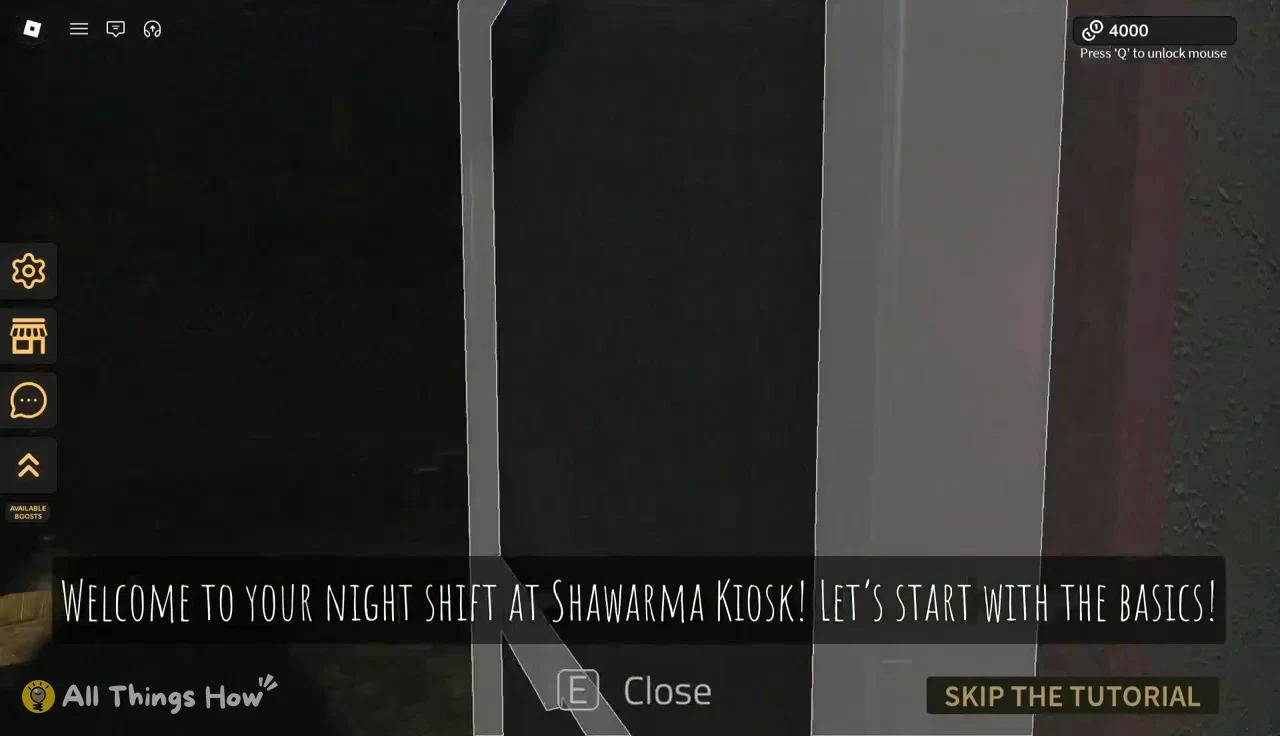 Night shift welcome tutorial with an E Close prompt and a Skip the Tutorial button