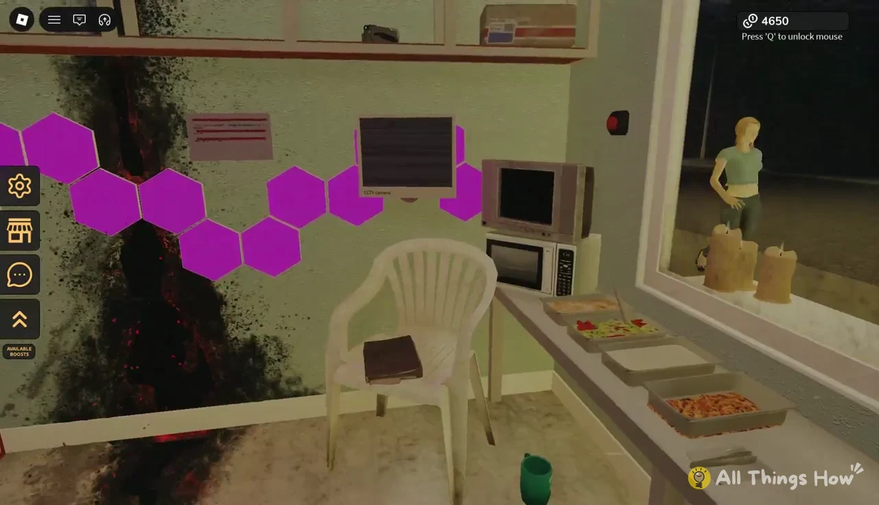 Wall-mounted CCTV monitor in the kitchen with purple hexagonal markers and the side menu buttons