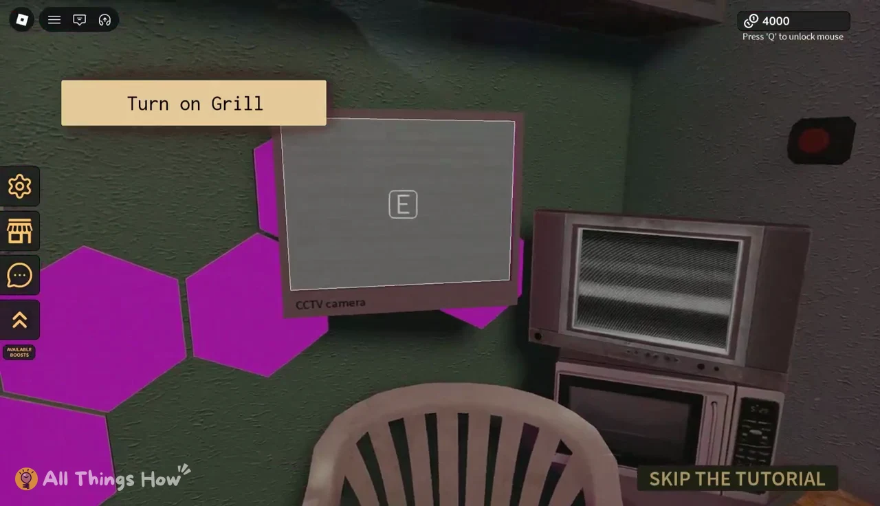 E interaction prompt on the CCTV camera next to the television while the Turn on Grill task is active