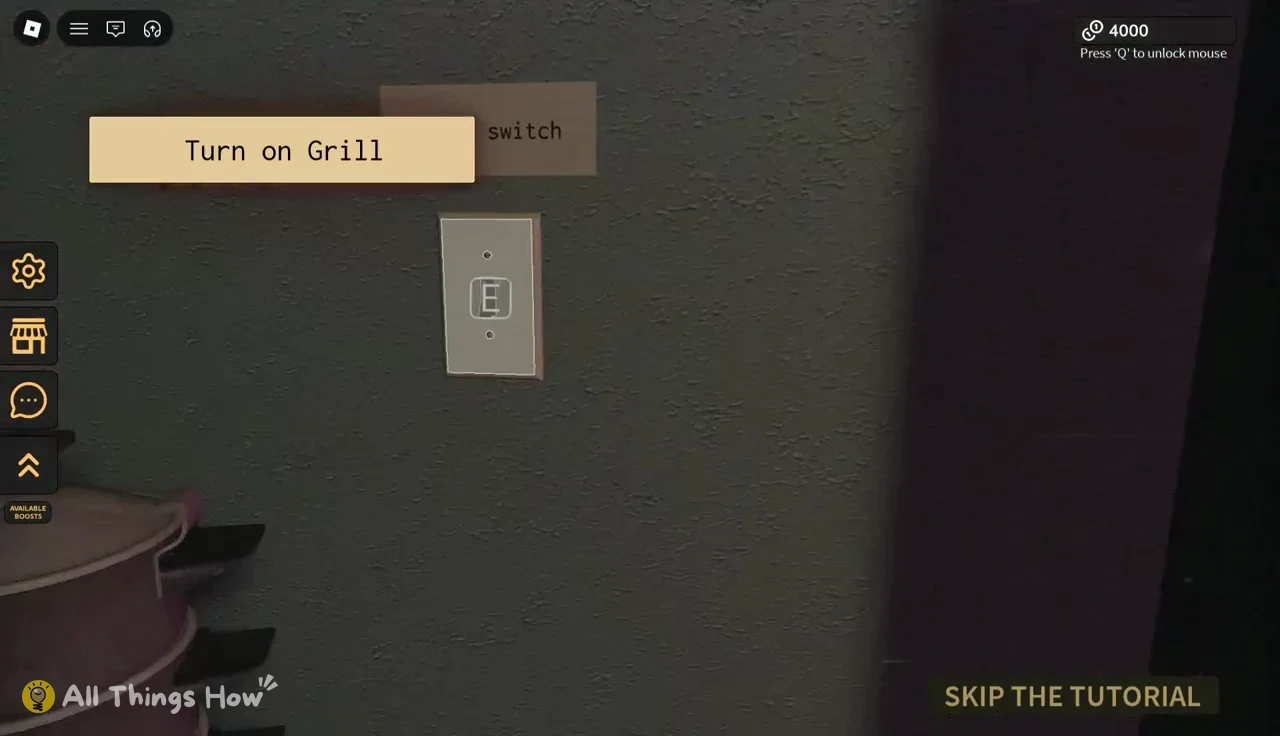 Red wall switch beside the microwave with the Turn on Grill objective on screen