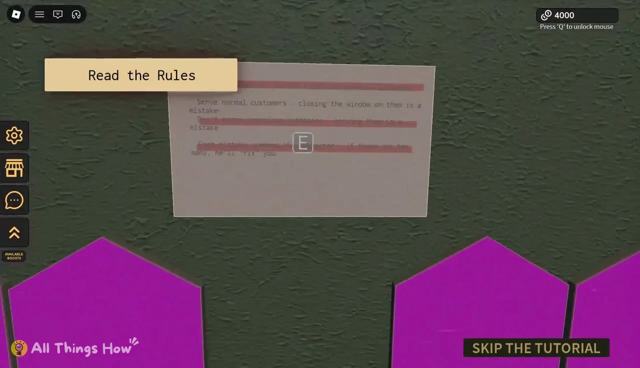 E prompt highlighted on the safety rules sheet during the Read the Rules task