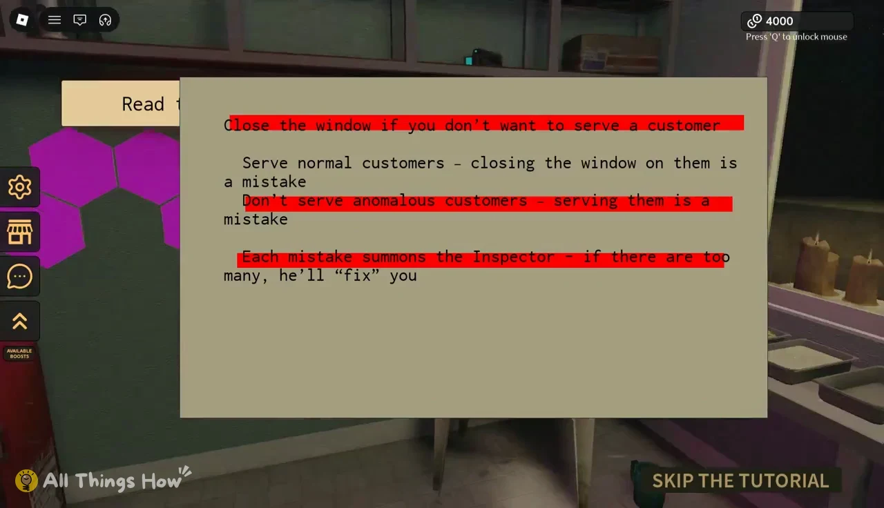 Rules panel warning about closing the window and serving anomalous customers