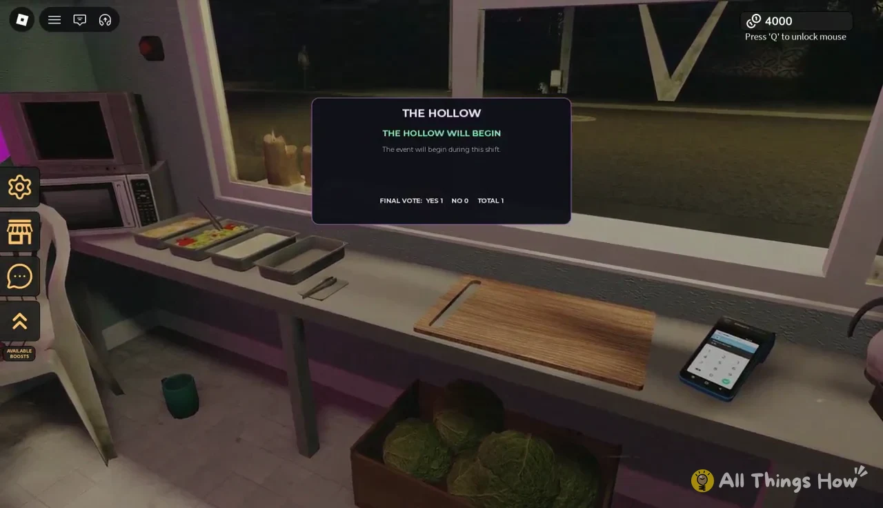 THE HOLLOW event dialog showing a final vote of YES 1 and NO 0