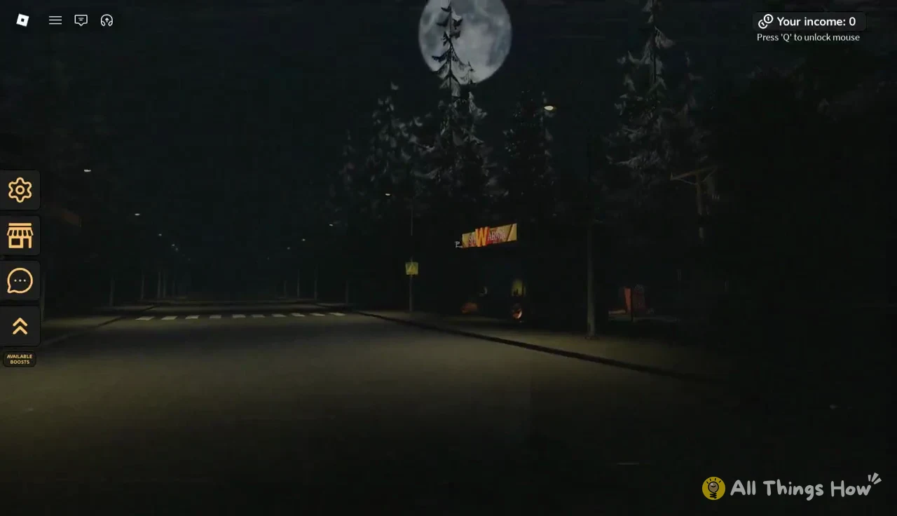 Dark night street with the income counter at 0 and a prompt to press Q to unlock the mouse