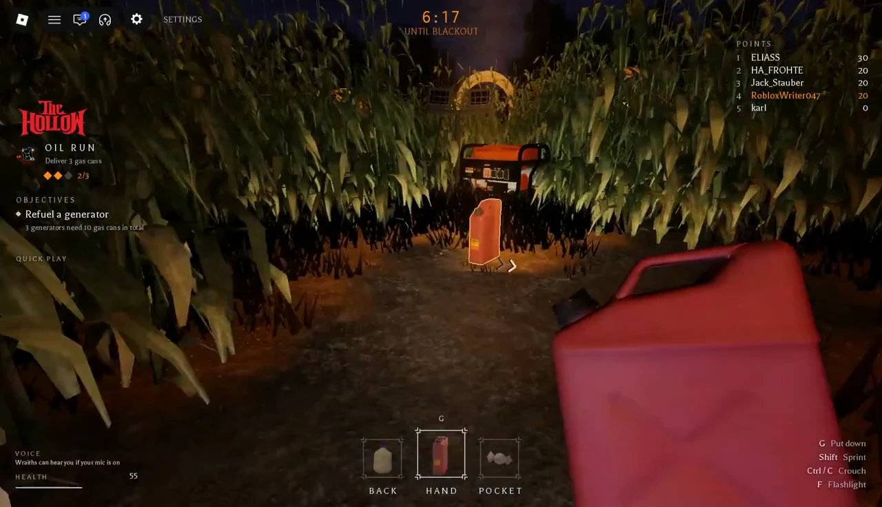 Player walking toward a generator with a gas can in the Hand slot