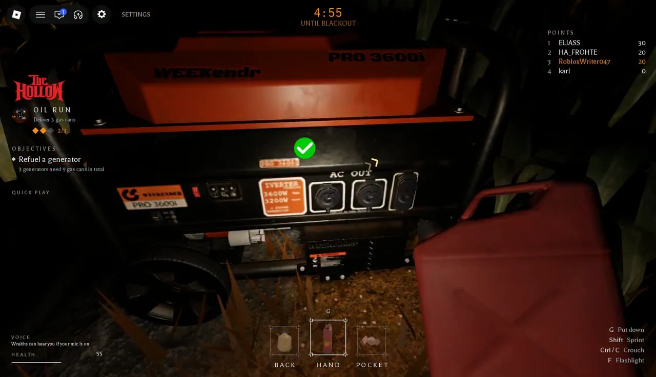 Generator being refueled with a gas can and a green check mark on the interaction