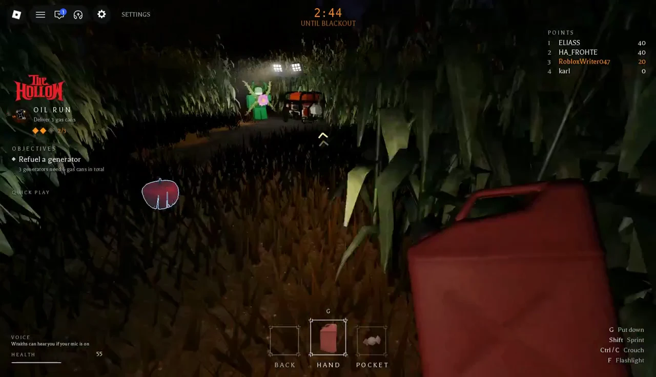 Red gas can in the Hand slot as the player reaches a generator for the final refuel