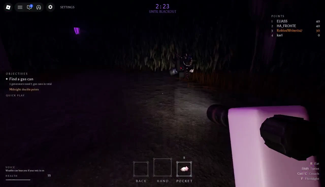Objectives panel listing the gas can task while the player walks a dark field toward a generator