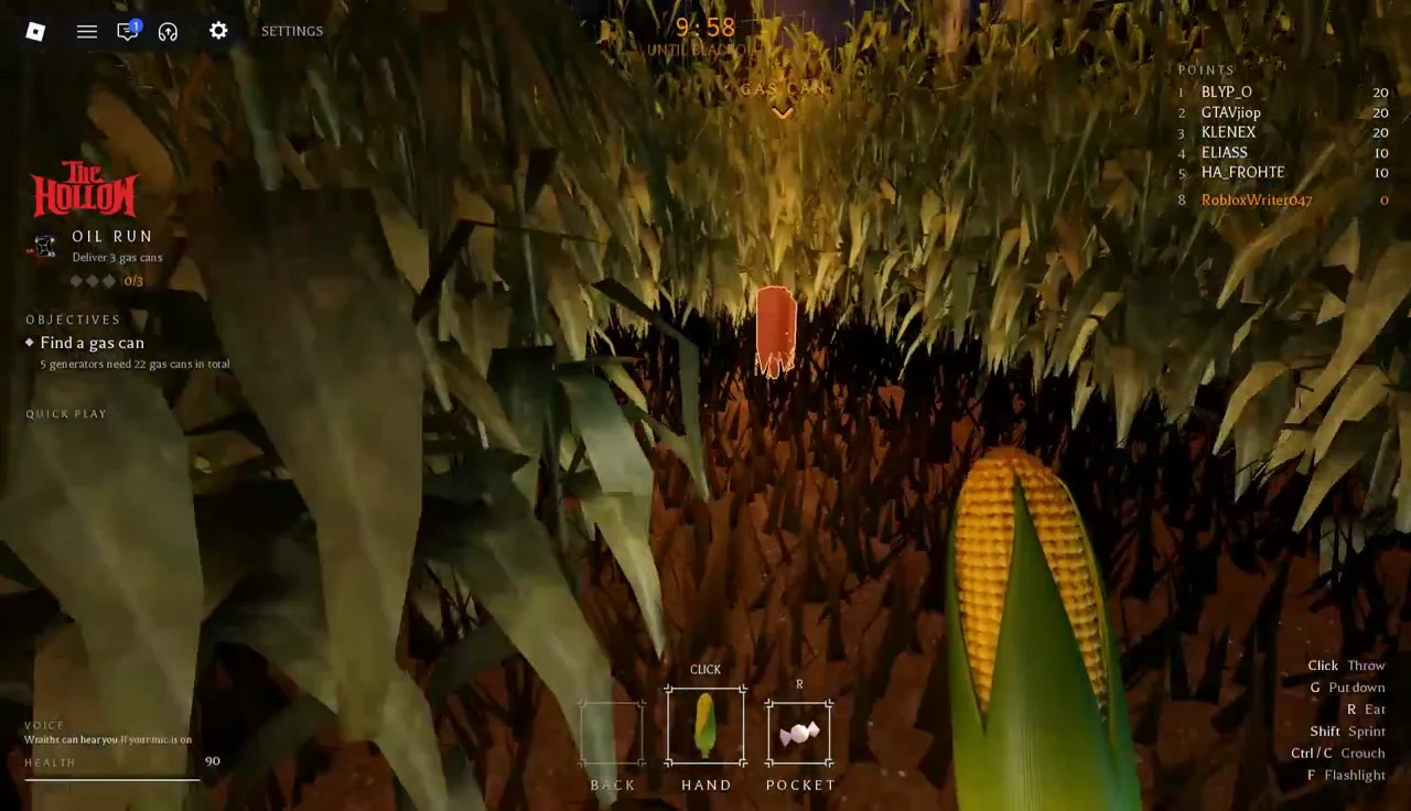 Orange-highlighted gas can sitting in the cornfield ahead of the player