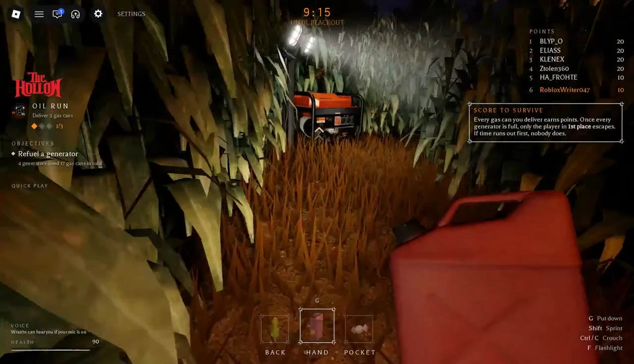 Gas can selected in the Hand slot as the player heads toward a generator