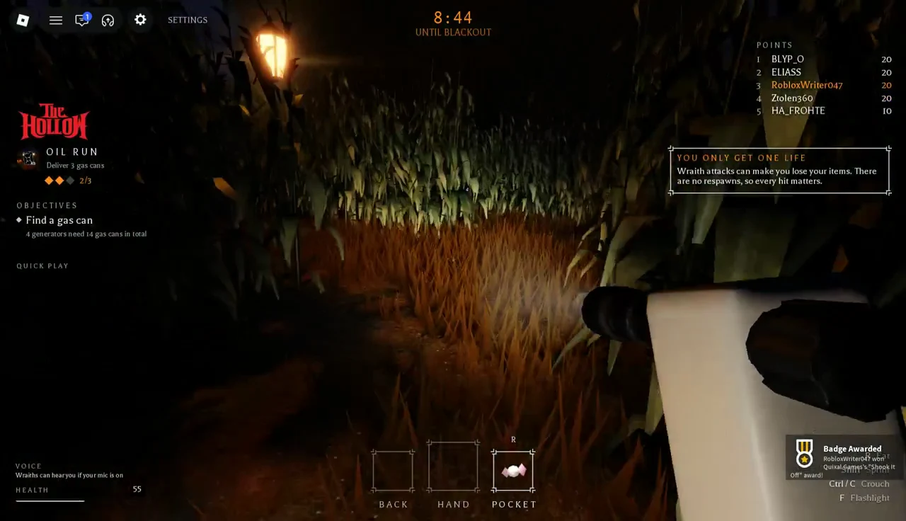 Flashlight sweeping through tall corn as the player hunts for a gas can