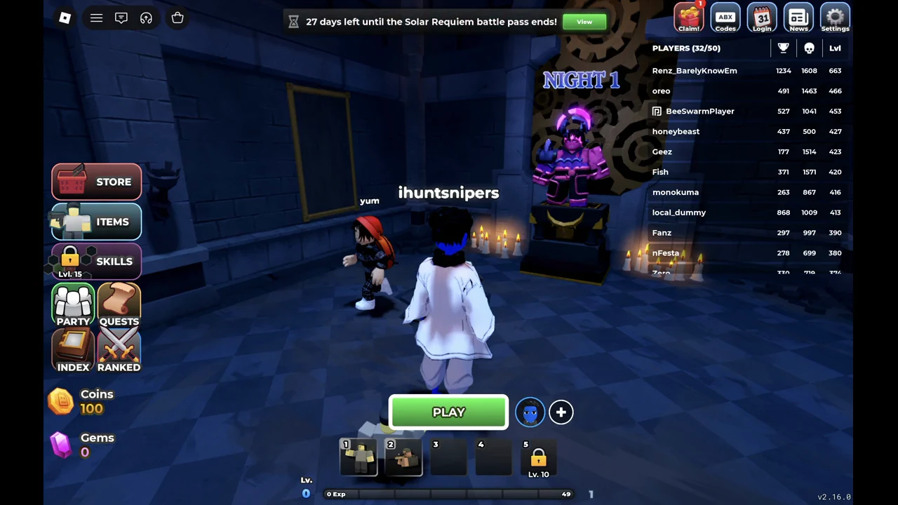 Tower Defense Simulator lobby with the PLAY button at bottom center and the Players list on the right