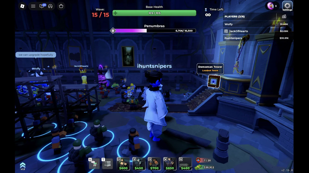 Wave 15 of 15 in Solar Requiem Night 1 with the Penumbras boss health bar at the top