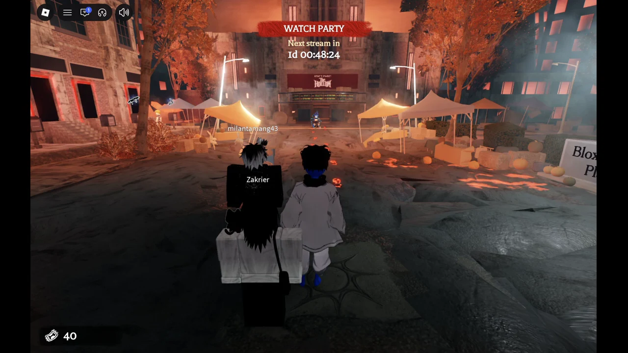 The Hollow plaza after Confirm, with the ticket counter at the bottom left reading 40