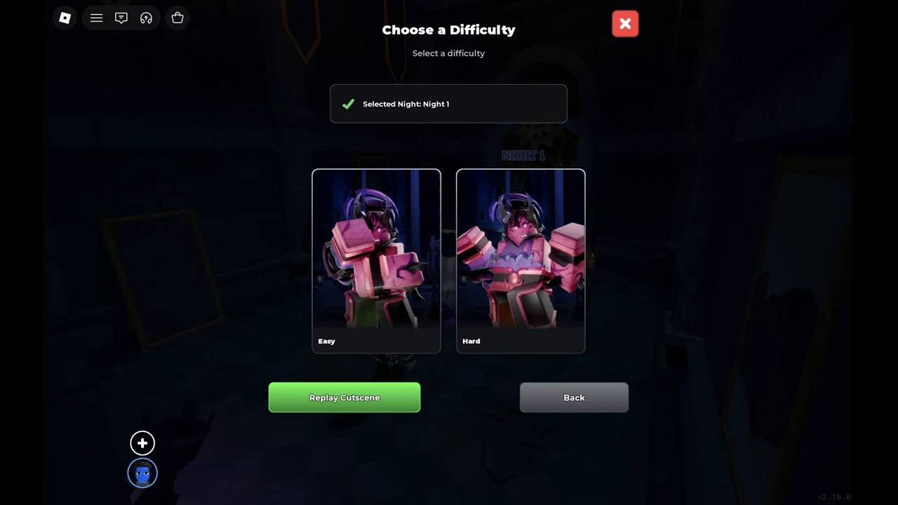 Choose a Difficulty screen for Night 1 showing Easy and Hard cards