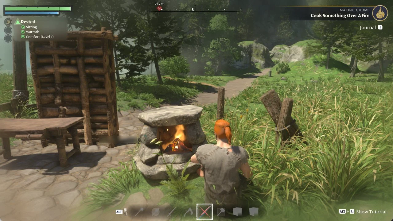 Cooking tutorial card telling the player to put food in the action bar, select it and press LMB