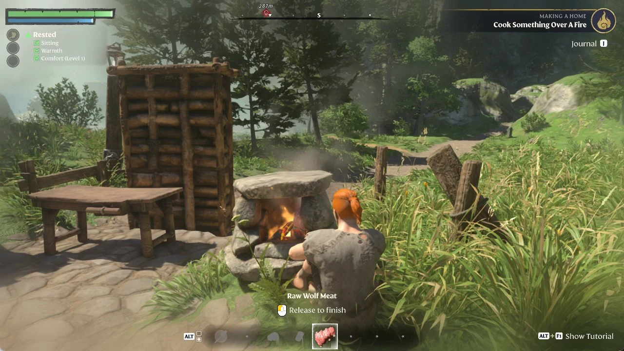 Raw Wolf Meat cooking at the fire with the Release to finish prompt on screen