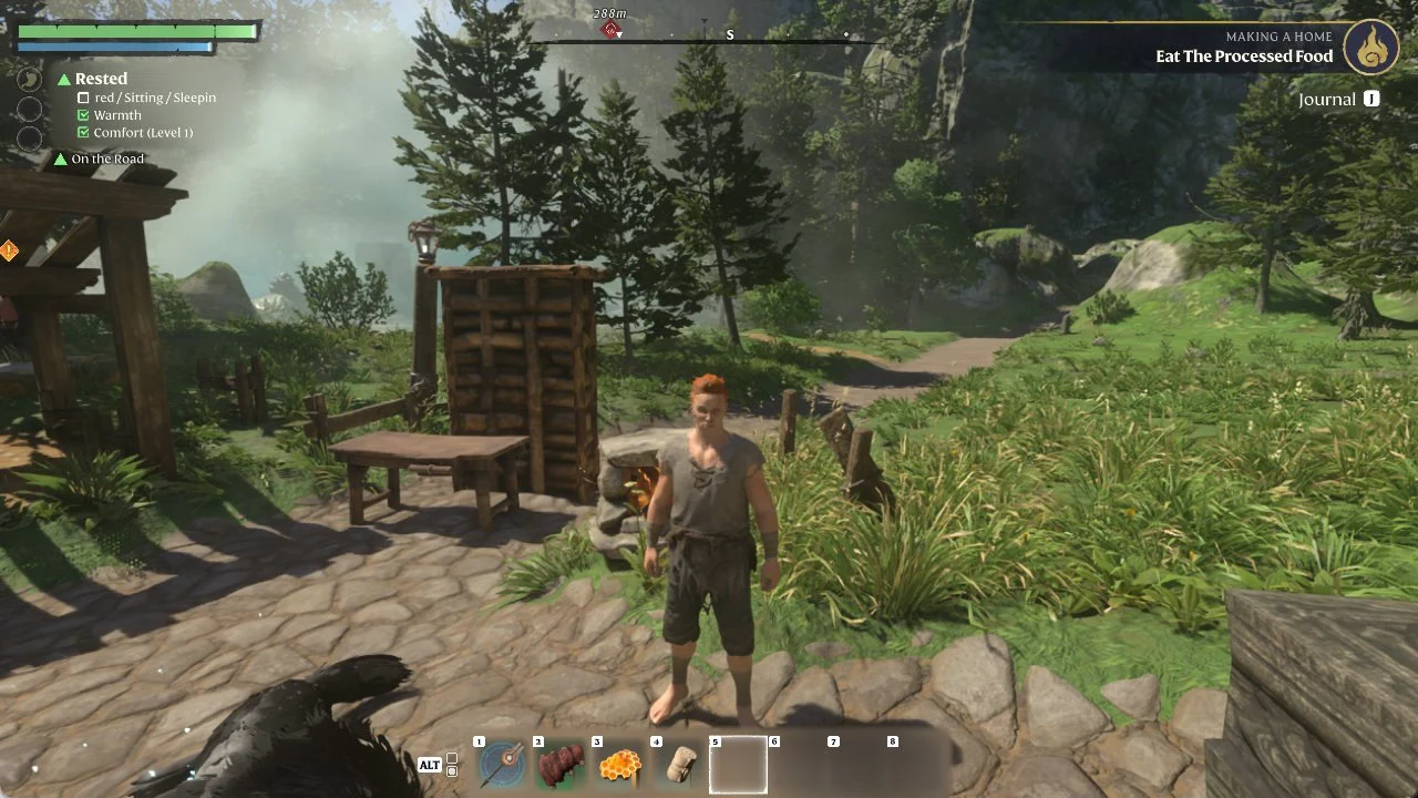 Character standing at camp with the Eat The Processed Food objective active and grilled meat selected
