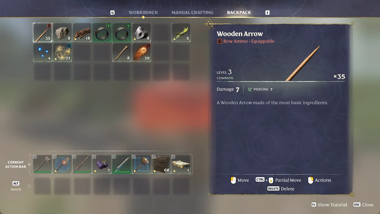 Backpack tab with the Crude Mattress in slot 8 of the current action bar