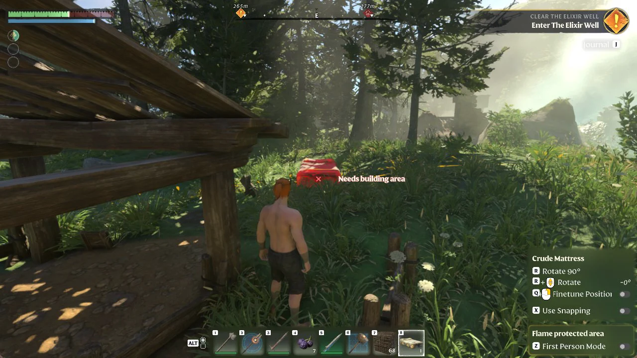 Crude Mattress placement preview blocked by a red Needs building area warning