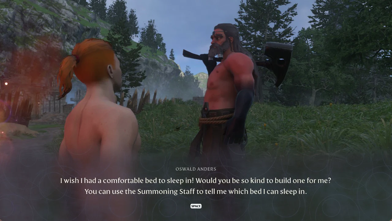 Oswald Anders dialogue asking for a comfortable bed and mentioning the Summoning Staff