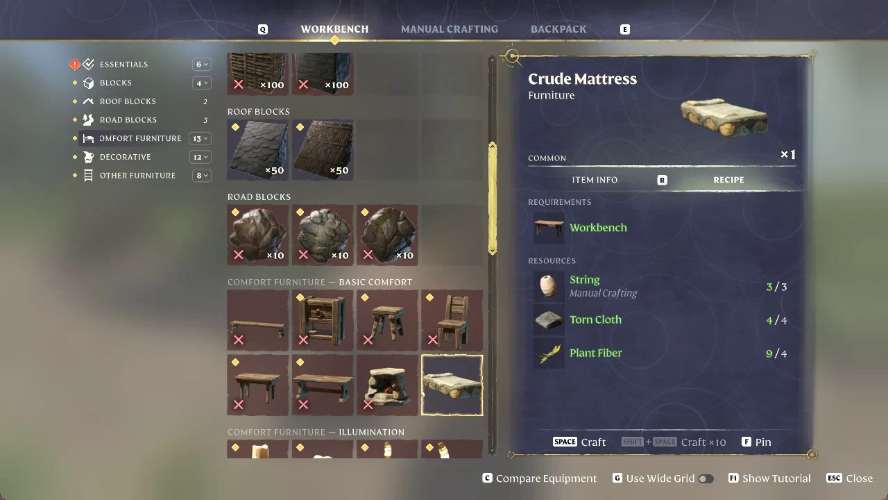 Workbench menu with the Crude Mattress selected in Comfort Furniture and its recipe requirements open