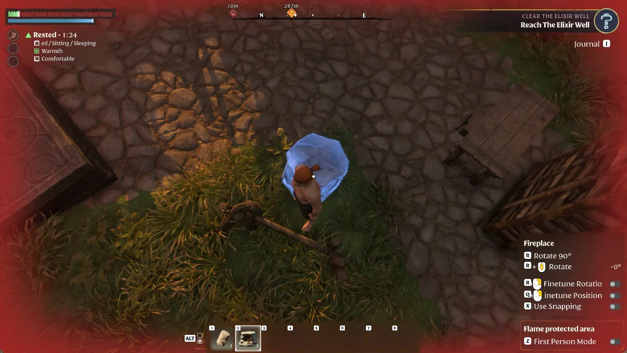Fireplace placement preview on the ground with rotation and snapping controls shown