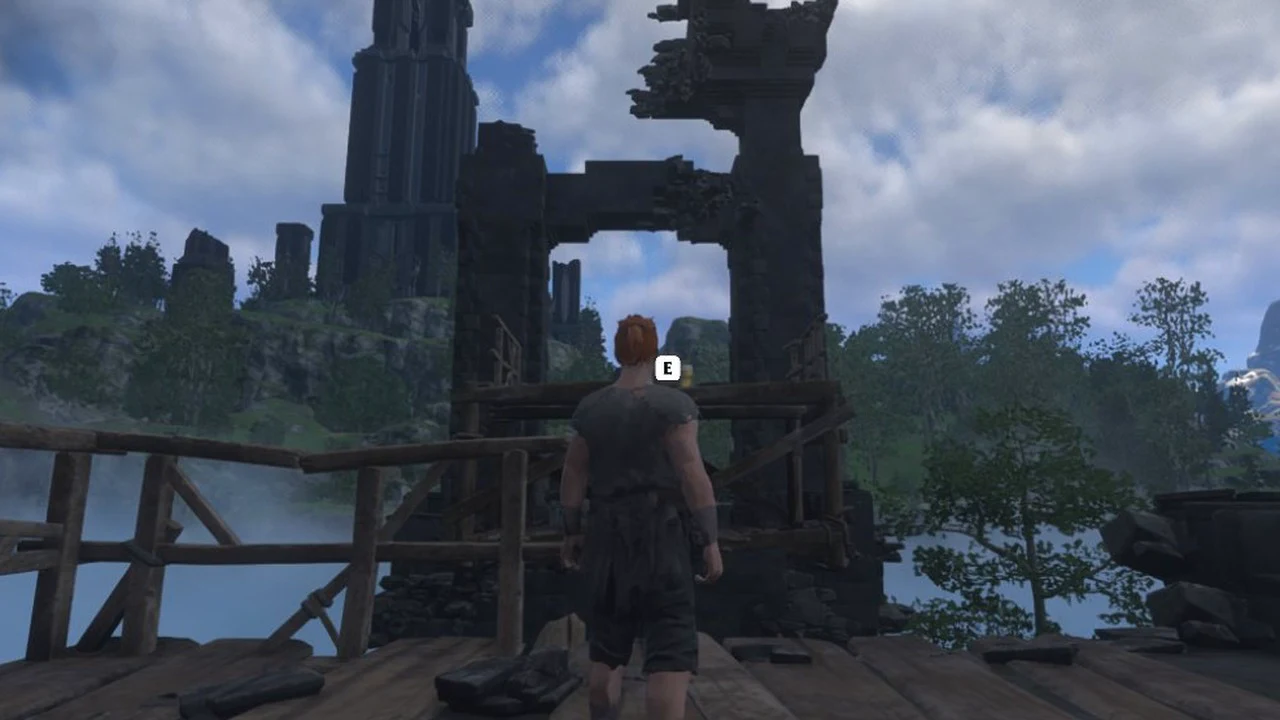 Character facing the ruined pier structure with the E interaction prompt showing