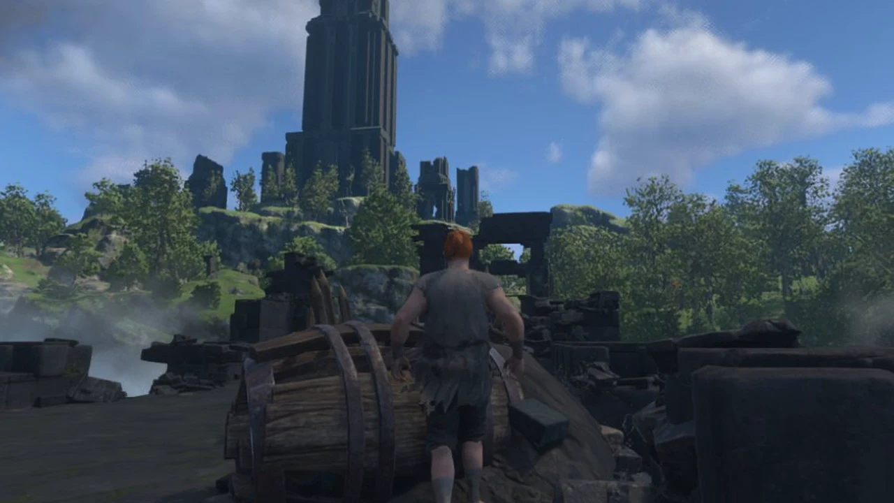 Character passing a wooden barrel on the stone bridge with the ruined tower ahead